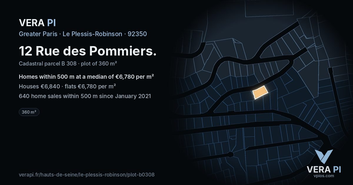 12 Rue des Pommiers, Le Plessis-Robinson at night – the plot lit, the parcels around coloured by the prices near them