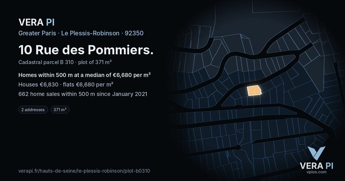 10 Rue des Pommiers, Le Plessis-Robinson at night – the plot lit, the parcels around coloured by the prices near them