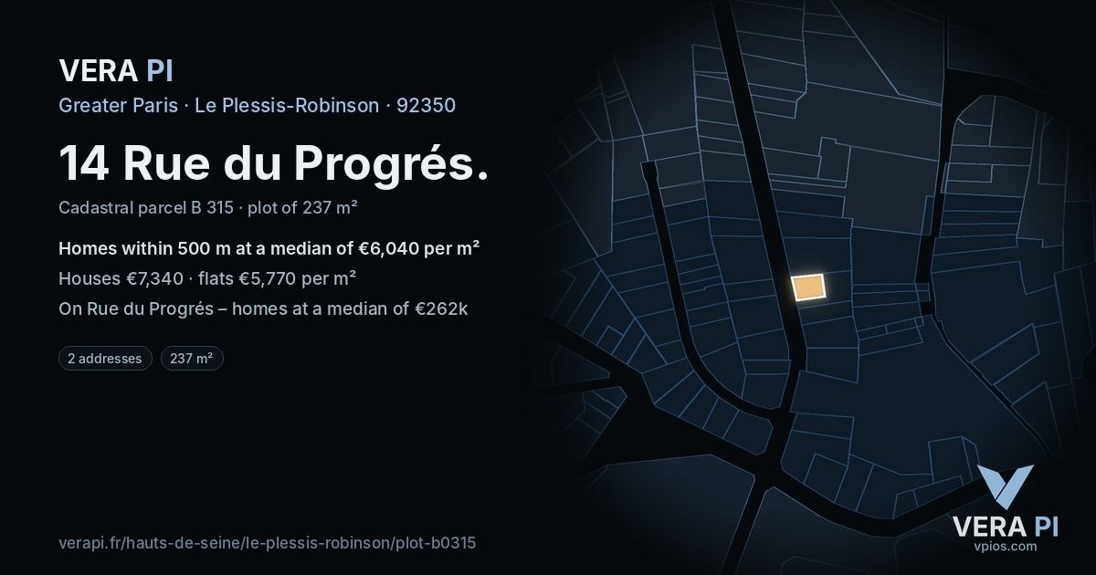 14 Rue du Progrés, Le Plessis-Robinson at night – the plot lit, the parcels around coloured by the prices near them