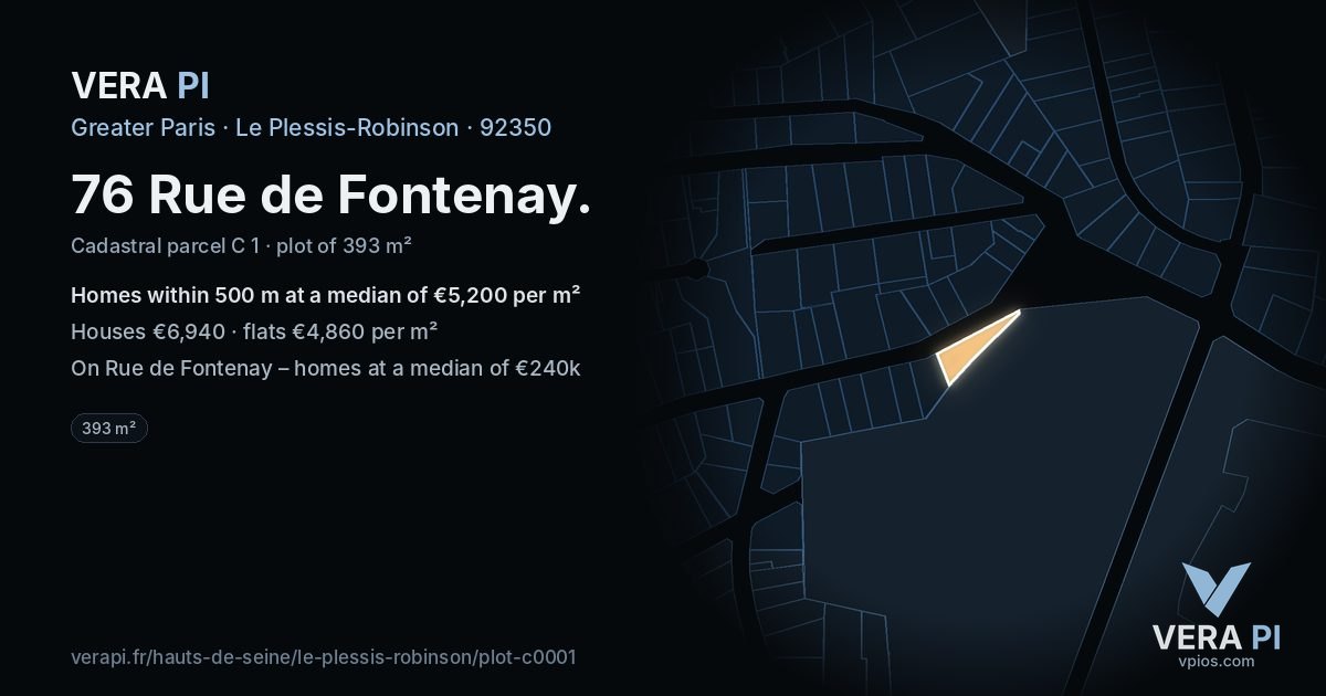 76 Rue de Fontenay, Le Plessis-Robinson at night – the plot lit, the parcels around coloured by the prices near them