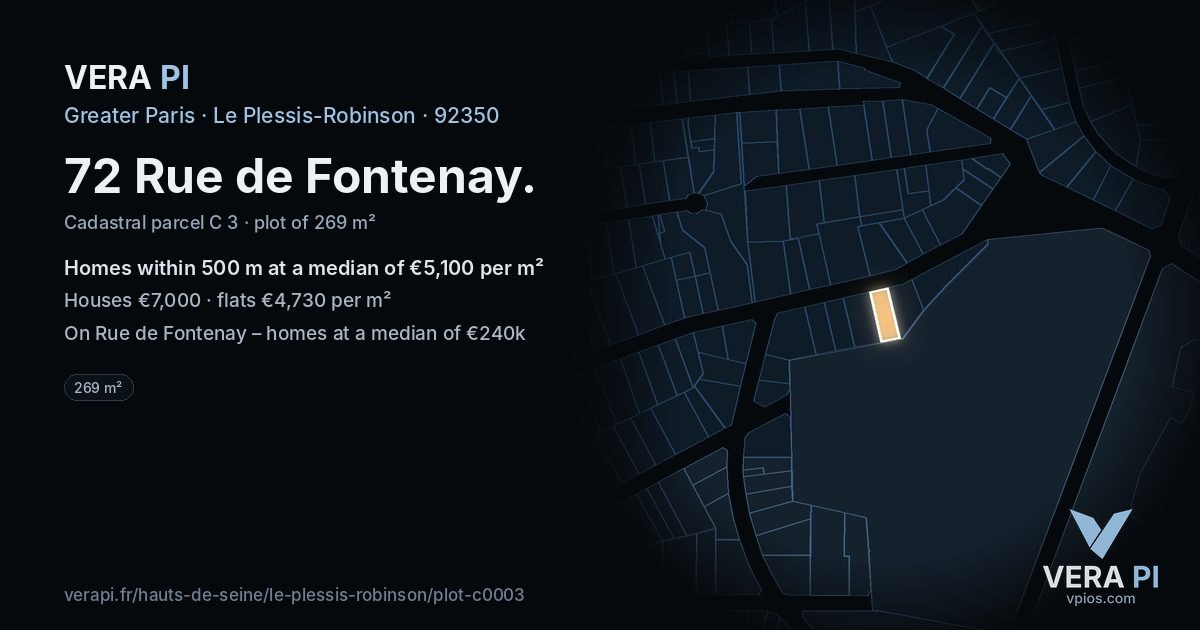 72 Rue de Fontenay, Le Plessis-Robinson at night – the plot lit, the parcels around coloured by the prices near them