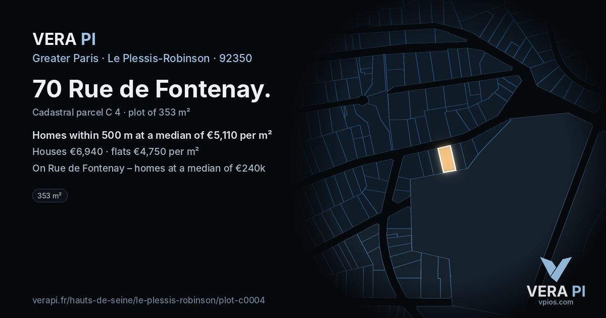 70 Rue de Fontenay, Le Plessis-Robinson at night – the plot lit, the parcels around coloured by the prices near them