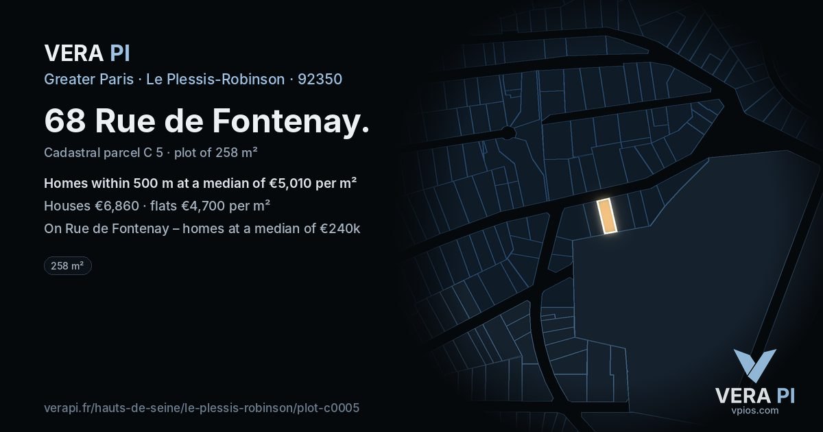 68 Rue de Fontenay, Le Plessis-Robinson at night – the plot lit, the parcels around coloured by the prices near them