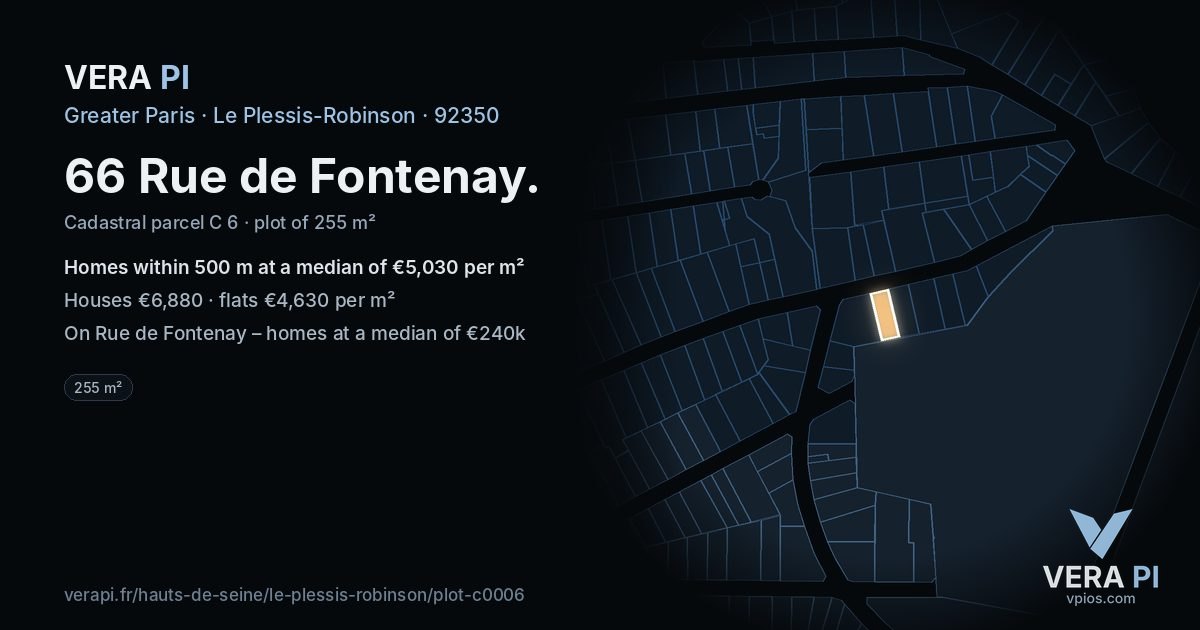 66 Rue de Fontenay, Le Plessis-Robinson at night – the plot lit, the parcels around coloured by the prices near them