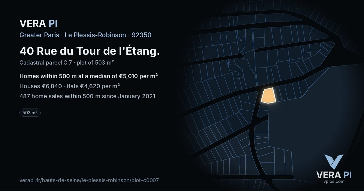 40 Rue du Tour de l'Étang, Le Plessis-Robinson at night – the plot lit, the parcels around coloured by the prices near them