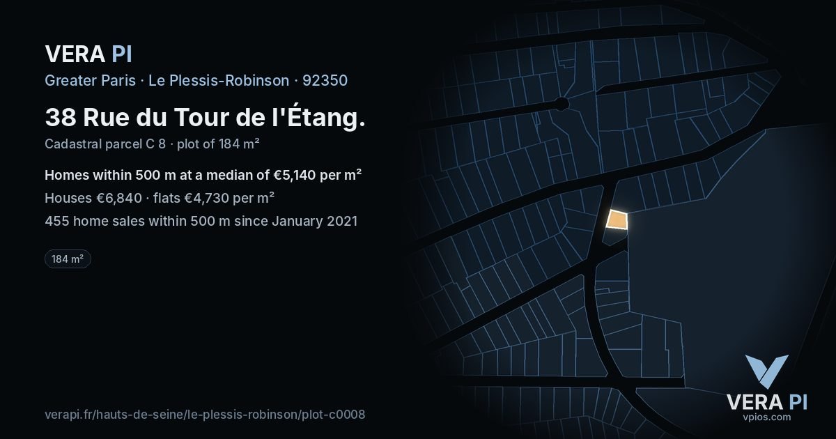 38 Rue du Tour de l'Étang, Le Plessis-Robinson at night – the plot lit, the parcels around coloured by the prices near them