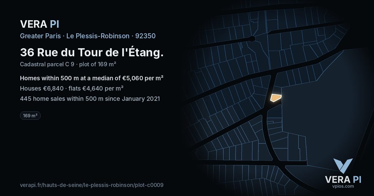 36 Rue du Tour de l'Étang, Le Plessis-Robinson at night – the plot lit, the parcels around coloured by the prices near them