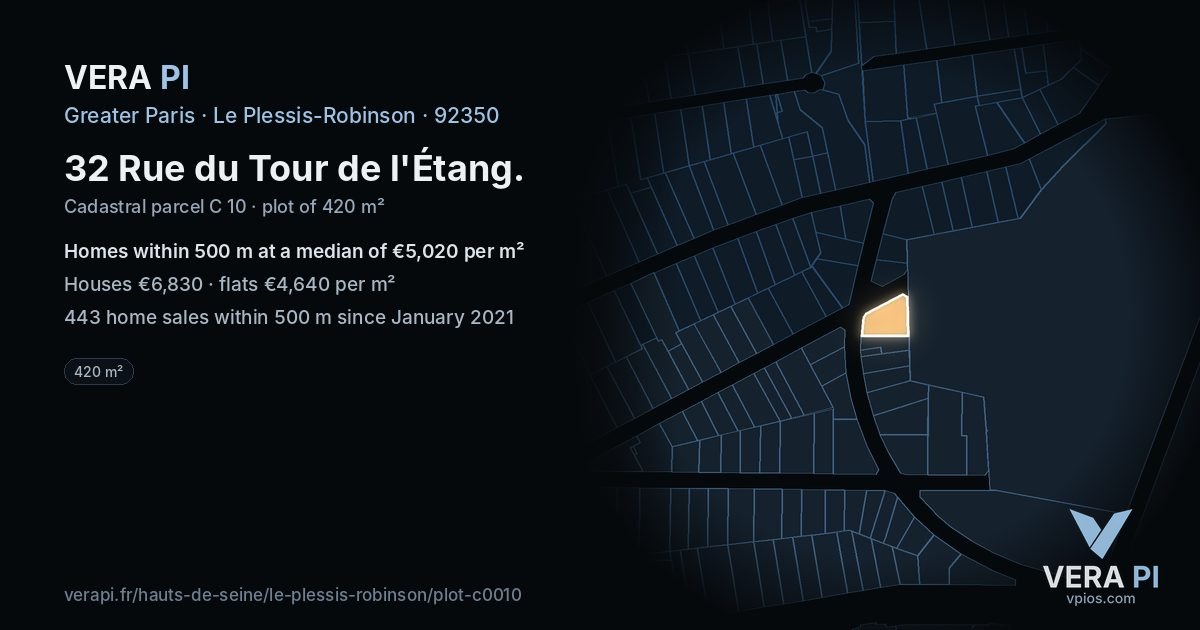 32 Rue du Tour de l'Étang, Le Plessis-Robinson at night – the plot lit, the parcels around coloured by the prices near them