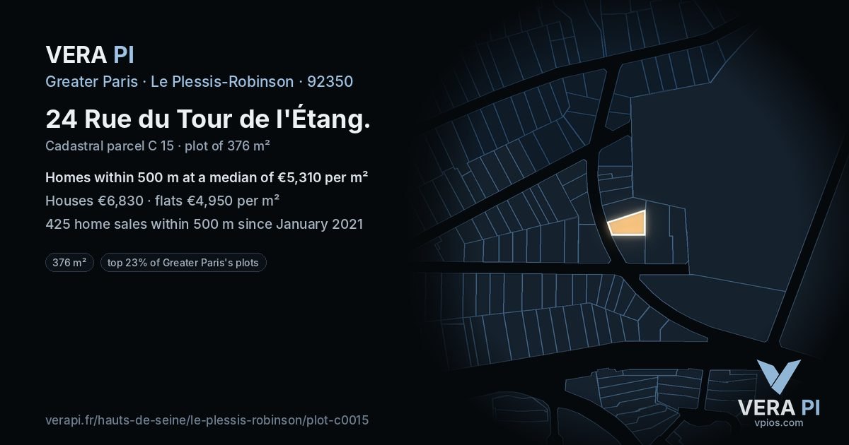 24 Rue du Tour de l'Étang, Le Plessis-Robinson at night – the plot lit, the parcels around coloured by the prices near them