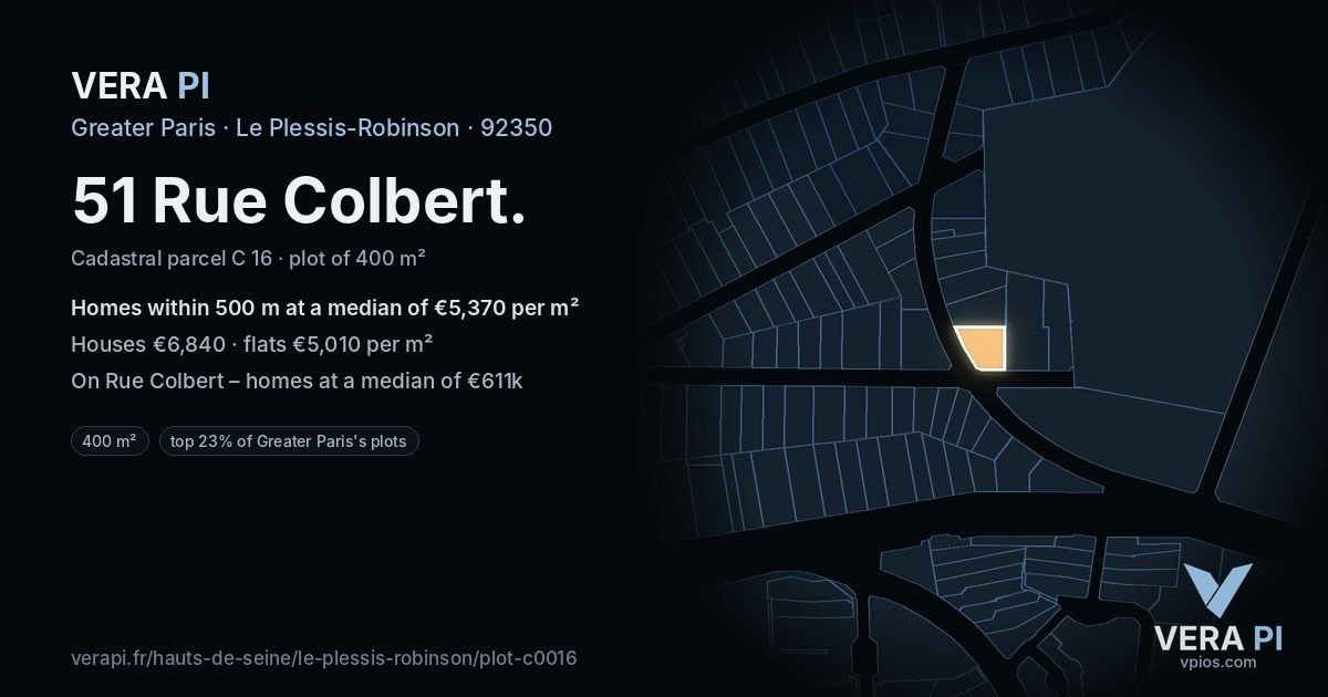 51 Rue Colbert, Le Plessis-Robinson at night – the plot lit, the parcels around coloured by the prices near them