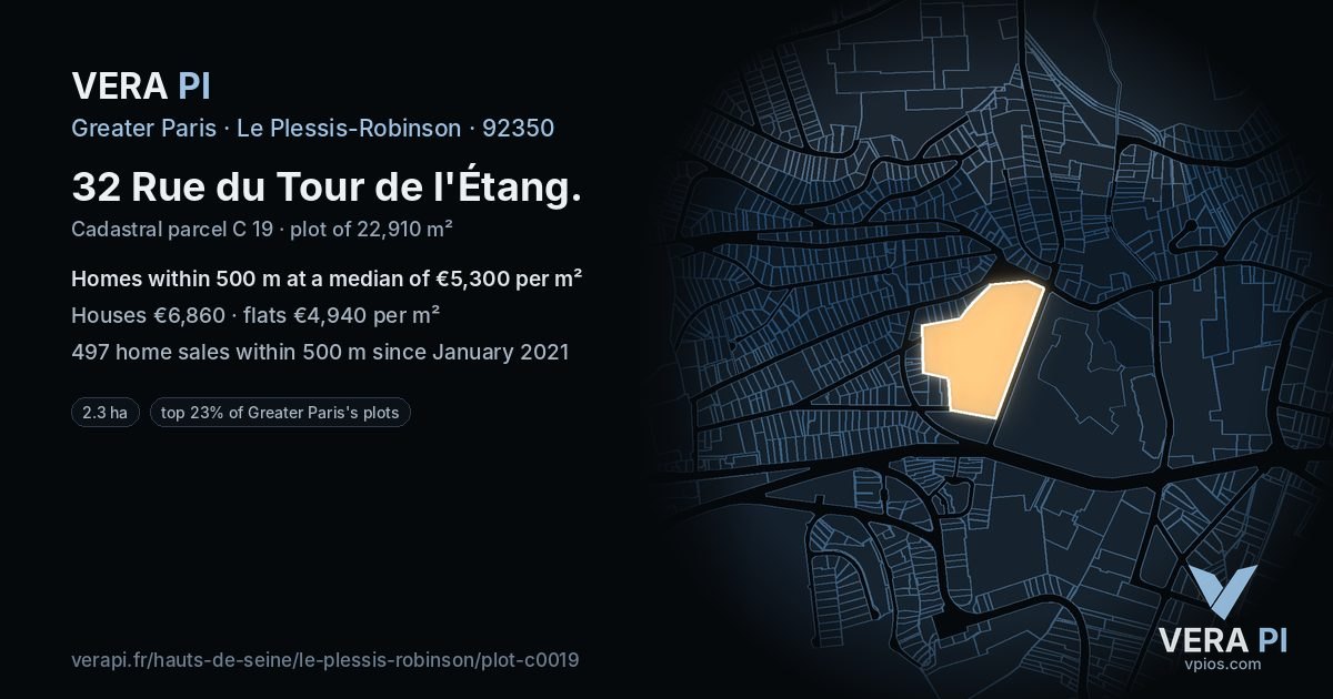 32 Rue du Tour de l'Étang, Le Plessis-Robinson at night – the plot lit, the parcels around coloured by the prices near them