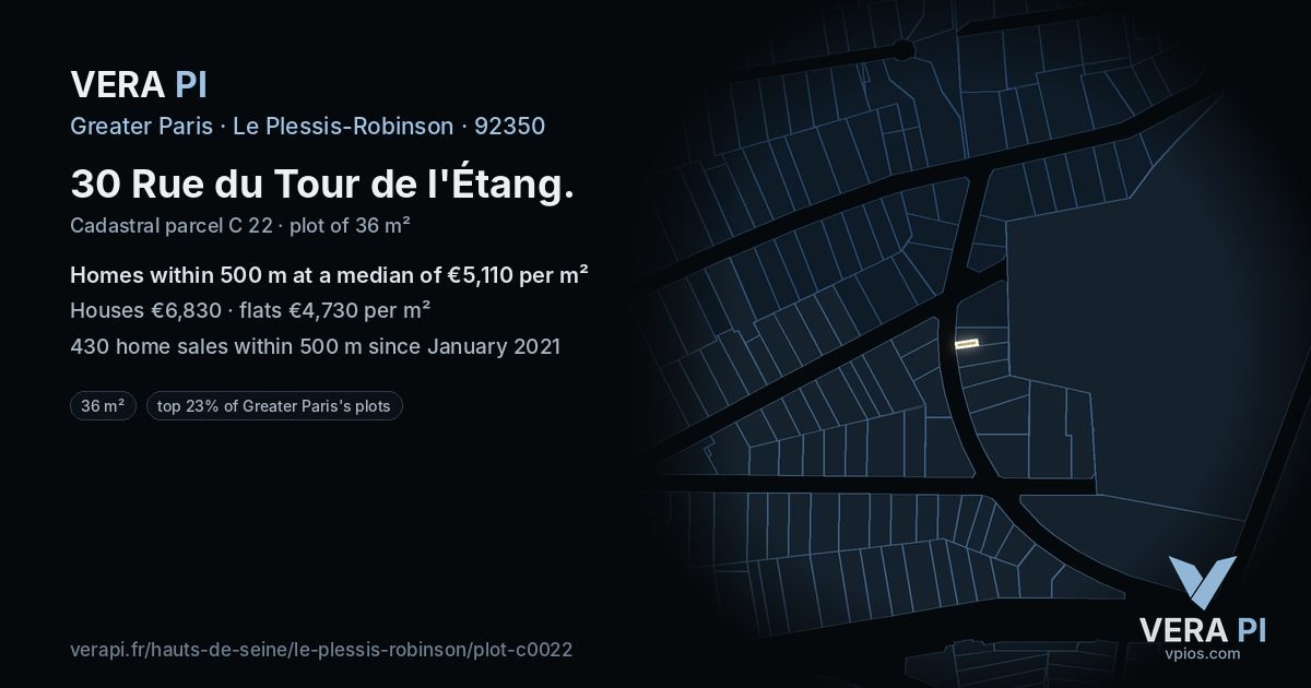 30 Rue du Tour de l'Étang, Le Plessis-Robinson at night – the plot lit, the parcels around coloured by the prices near them