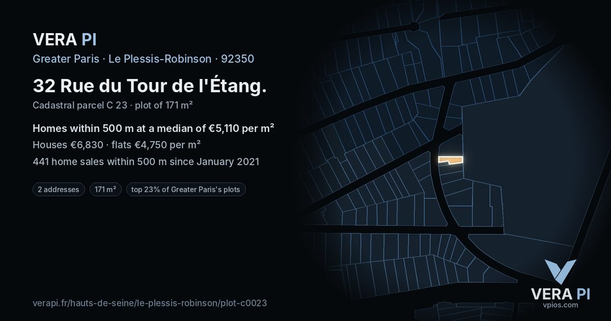 32 Rue du Tour de l'Étang, Le Plessis-Robinson at night – the plot lit, the parcels around coloured by the prices near them