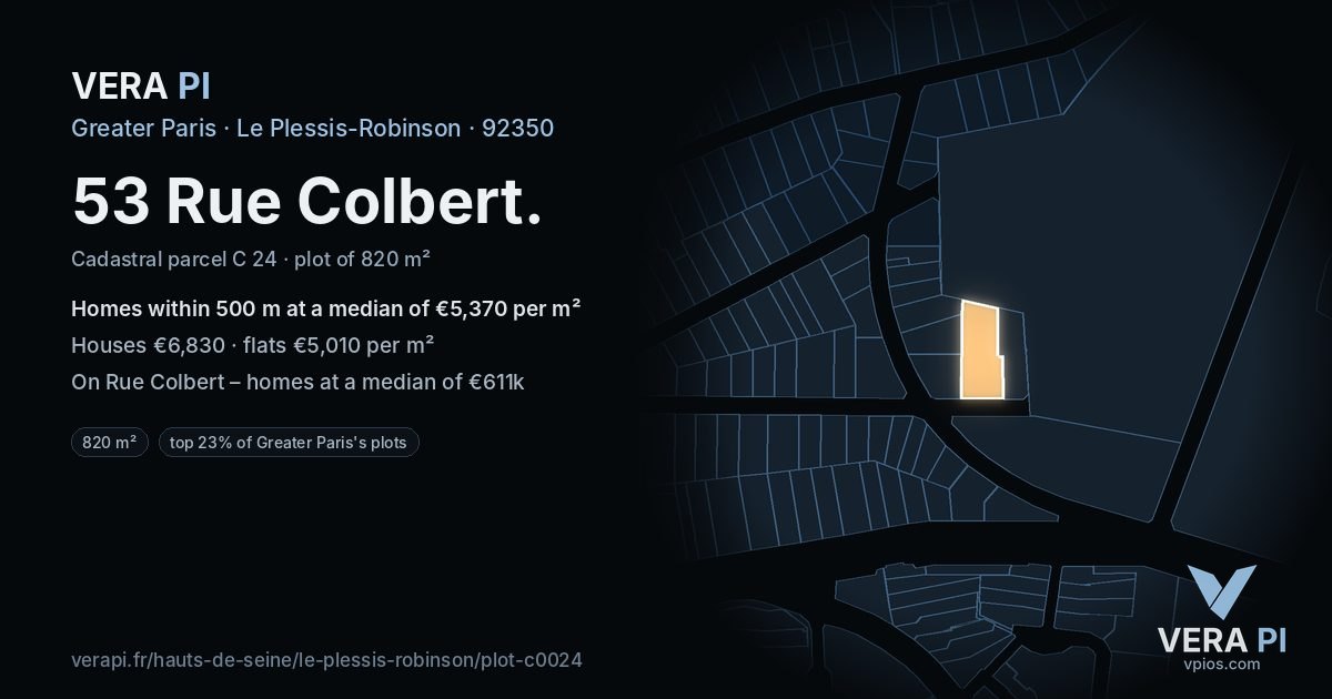 53 Rue Colbert, Le Plessis-Robinson at night – the plot lit, the parcels around coloured by the prices near them