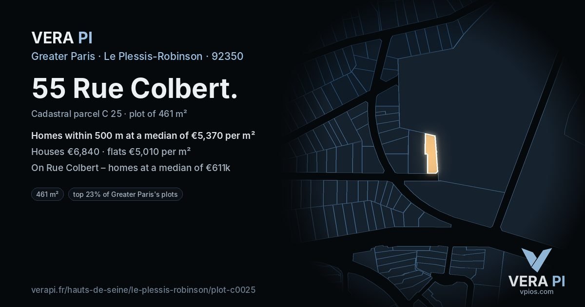 55 Rue Colbert, Le Plessis-Robinson at night – the plot lit, the parcels around coloured by the prices near them