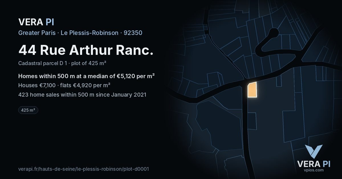 44 Rue Arthur Ranc, Le Plessis-Robinson at night – the plot lit, the parcels around coloured by the prices near them