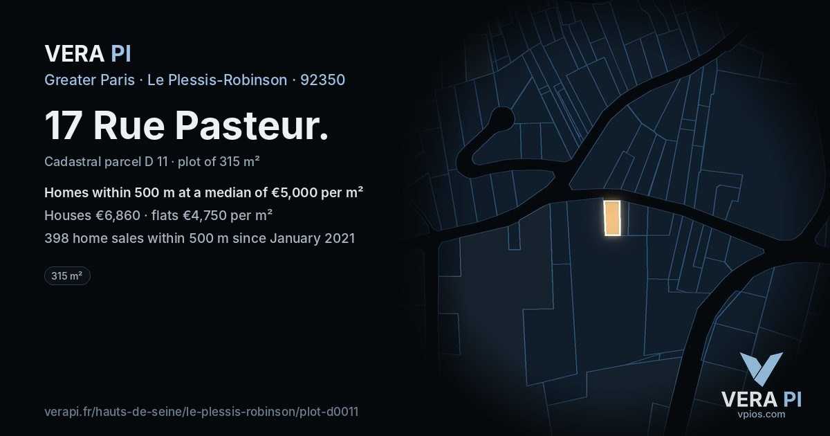 17 Rue Pasteur, Le Plessis-Robinson at night – the plot lit, the parcels around coloured by the prices near them