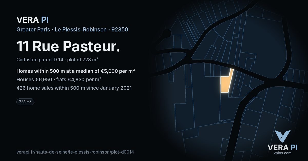 11 Rue Pasteur, Le Plessis-Robinson at night – the plot lit, the parcels around coloured by the prices near them
