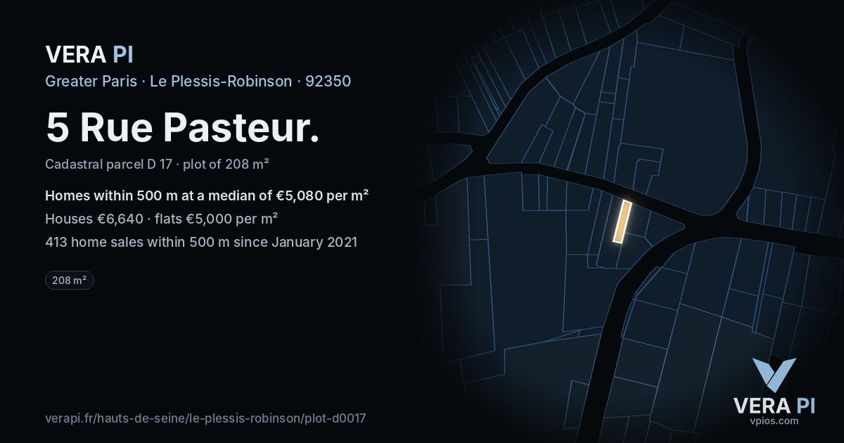 5 Rue Pasteur, Le Plessis-Robinson at night – the plot lit, the parcels around coloured by the prices near them