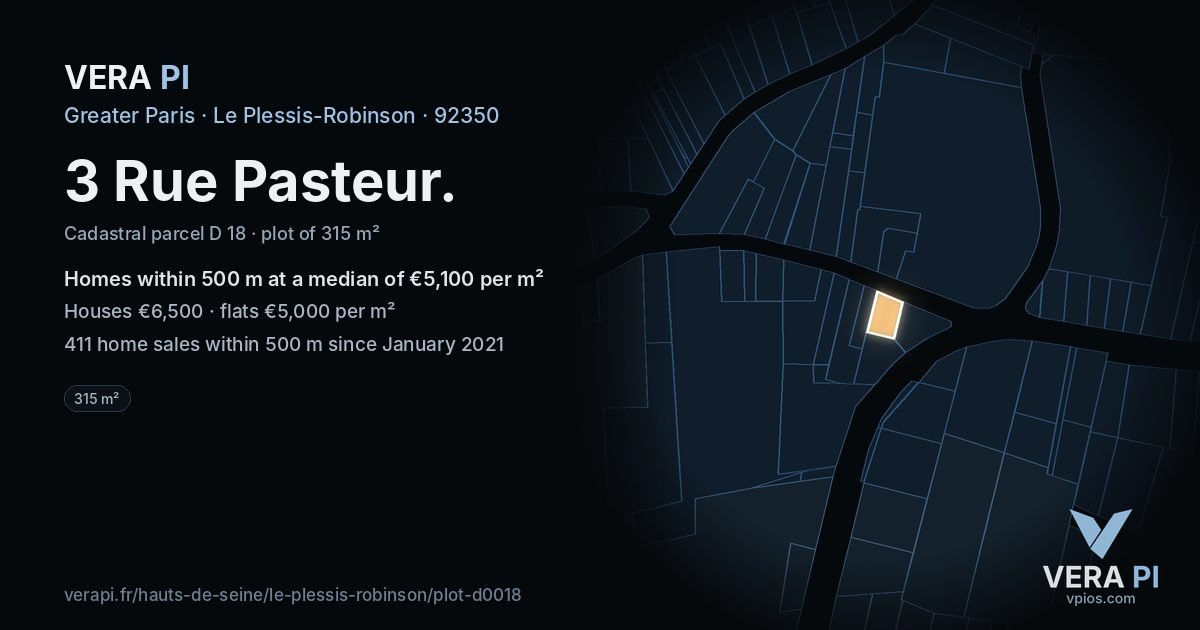 3 Rue Pasteur, Le Plessis-Robinson at night – the plot lit, the parcels around coloured by the prices near them