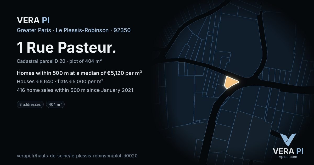1 Rue Pasteur, Le Plessis-Robinson at night – the plot lit, the parcels around coloured by the prices near them
