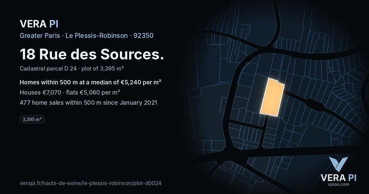 18 Rue des Sources, Le Plessis-Robinson at night – the plot lit, the parcels around coloured by the prices near them