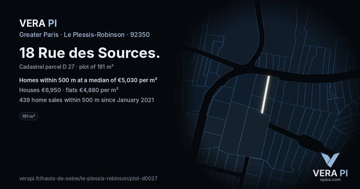 18 Rue des Sources, Le Plessis-Robinson at night – the plot lit, the parcels around coloured by the prices near them