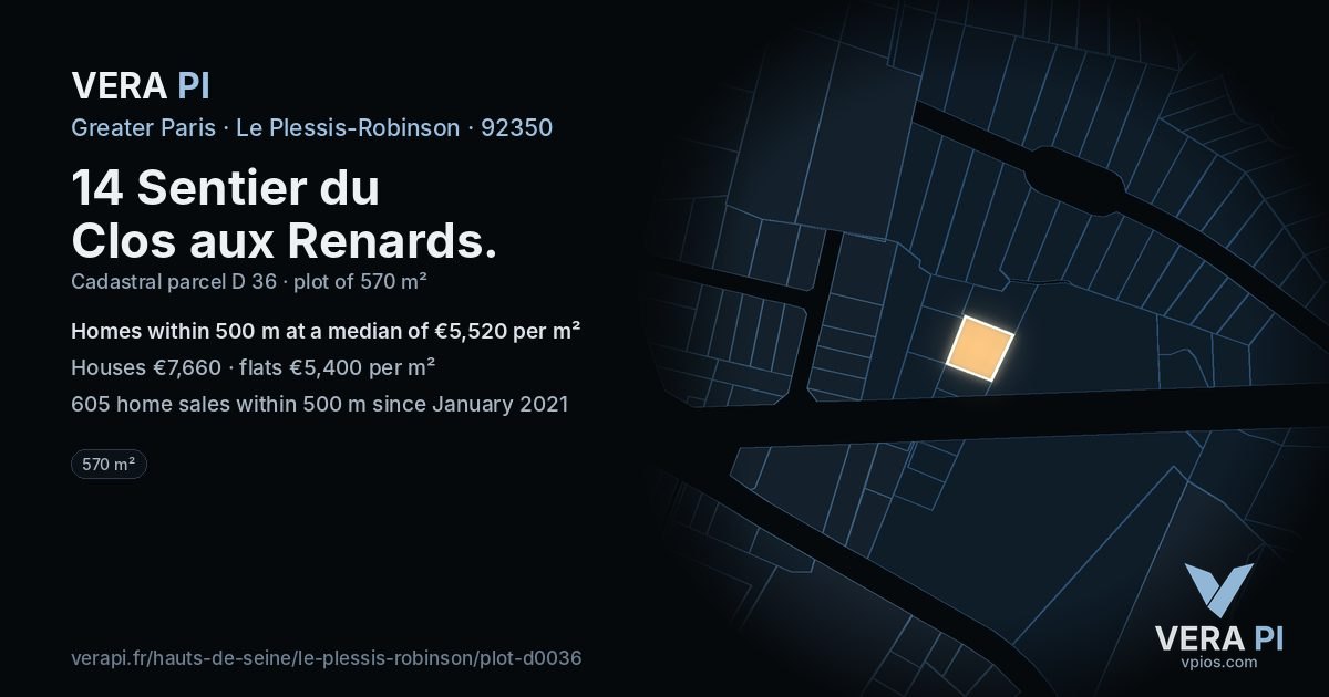 14 Sentier du Clos aux Renards, Le Plessis-Robinson at night – the plot lit, the parcels around coloured by the prices near them