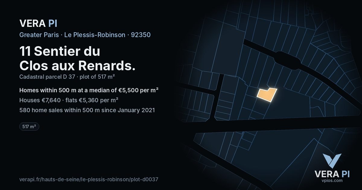 11 Sentier du Clos aux Renards, Le Plessis-Robinson at night – the plot lit, the parcels around coloured by the prices near them