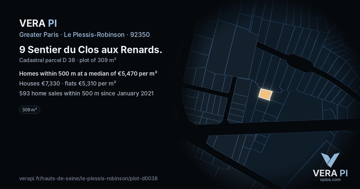 9 Sentier du Clos aux Renards, Le Plessis-Robinson at night – the plot lit, the parcels around coloured by the prices near them