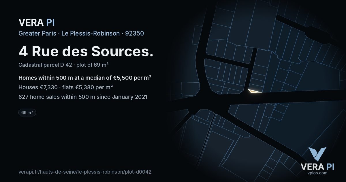 4 Rue des Sources, Le Plessis-Robinson at night – the plot lit, the parcels around coloured by the prices near them
