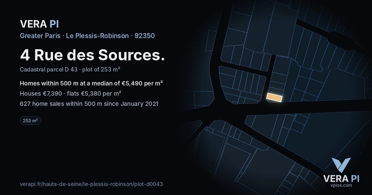 4 Rue des Sources, Le Plessis-Robinson at night – the plot lit, the parcels around coloured by the prices near them