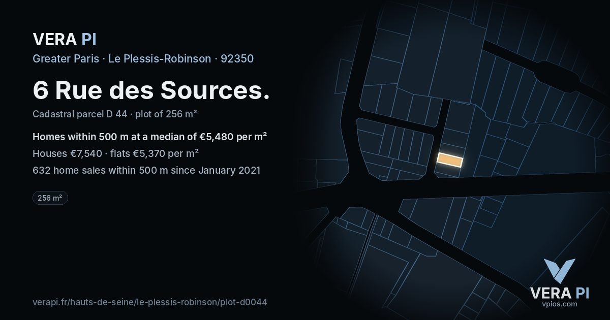 6 Rue des Sources, Le Plessis-Robinson at night – the plot lit, the parcels around coloured by the prices near them