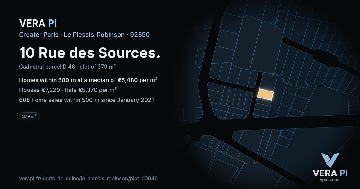 10 Rue des Sources, Le Plessis-Robinson at night – the plot lit, the parcels around coloured by the prices near them