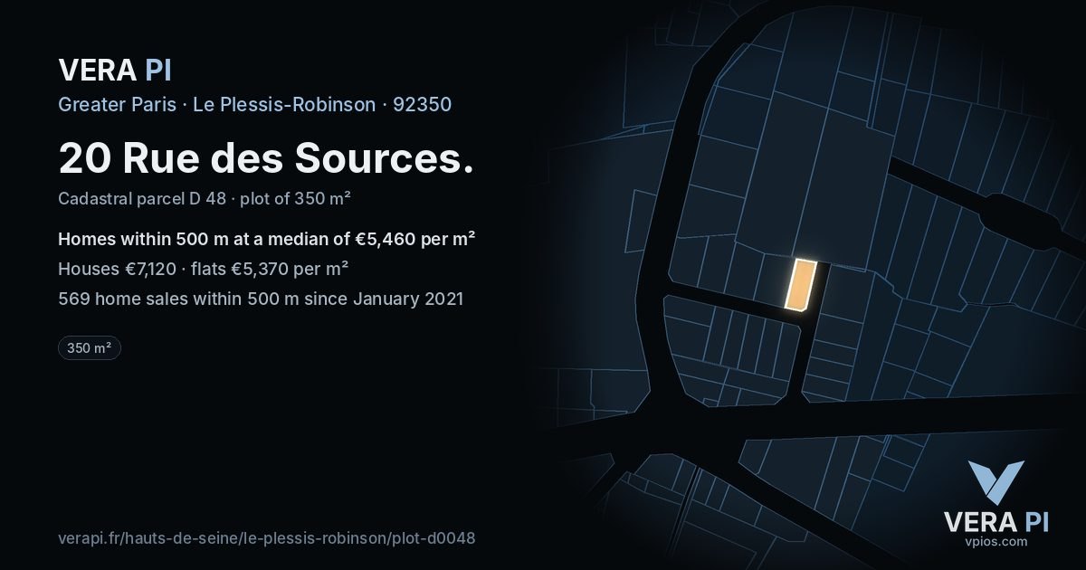 20 Rue des Sources, Le Plessis-Robinson at night – the plot lit, the parcels around coloured by the prices near them