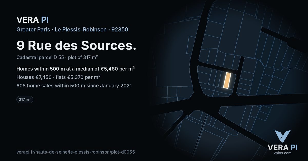 9 Rue des Sources, Le Plessis-Robinson at night – the plot lit, the parcels around coloured by the prices near them