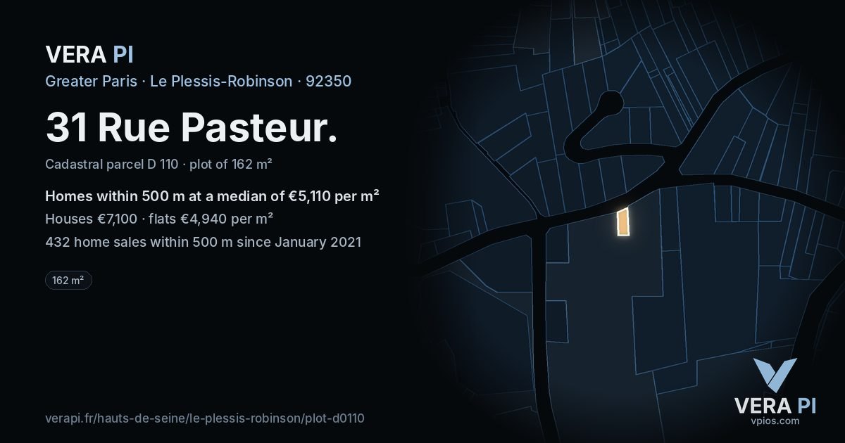 31 Rue Pasteur, Le Plessis-Robinson at night – the plot lit, the parcels around coloured by the prices near them