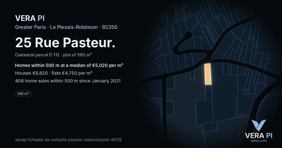 25 Rue Pasteur, Le Plessis-Robinson at night – the plot lit, the parcels around coloured by the prices near them