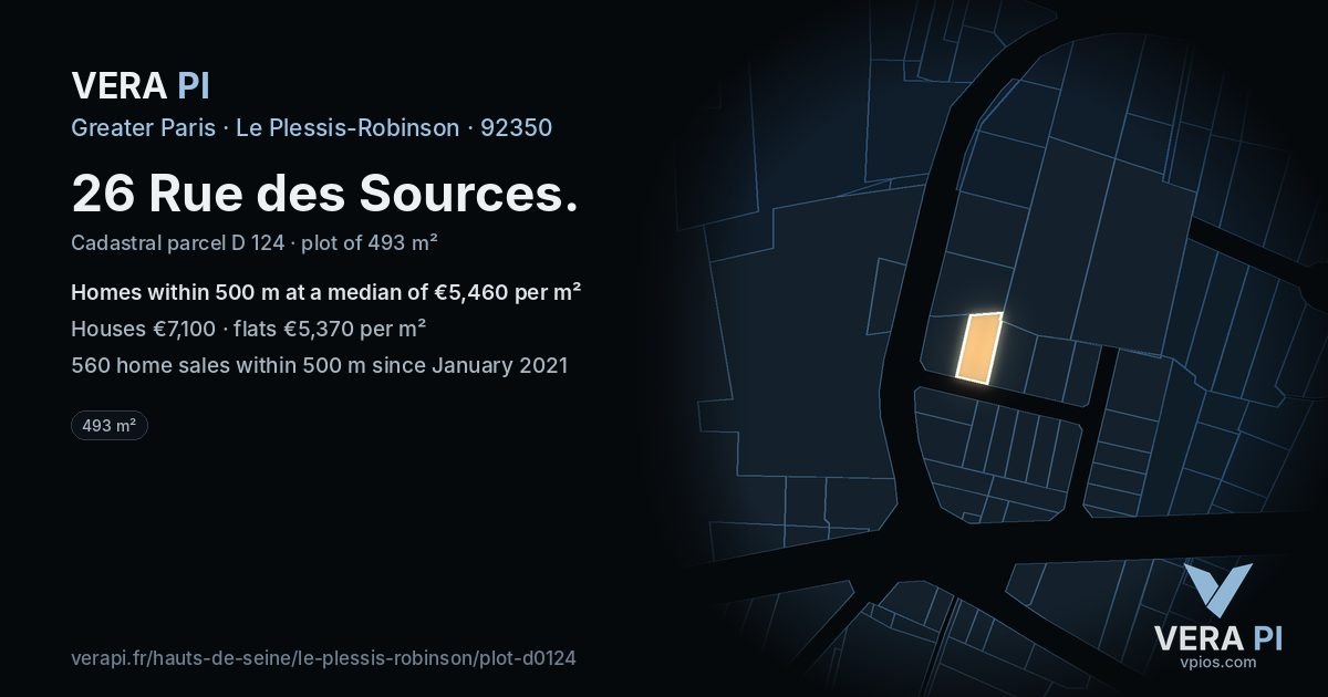 26 Rue des Sources, Le Plessis-Robinson at night – the plot lit, the parcels around coloured by the prices near them