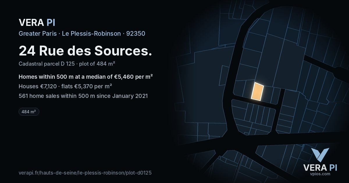 24 Rue des Sources, Le Plessis-Robinson at night – the plot lit, the parcels around coloured by the prices near them