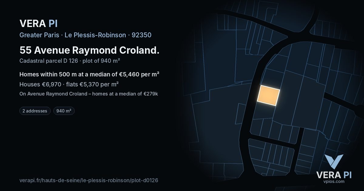 55 Avenue Raymond Croland, Le Plessis-Robinson at night – the plot lit, the parcels around coloured by the prices near them