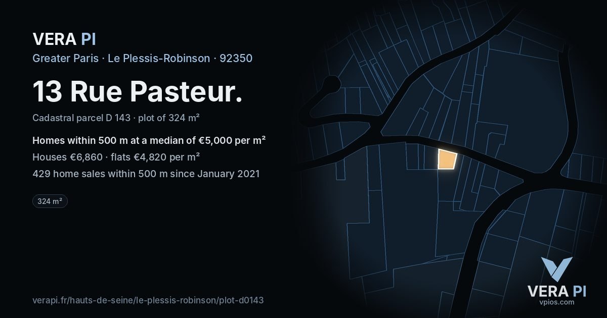 13 Rue Pasteur, Le Plessis-Robinson at night – the plot lit, the parcels around coloured by the prices near them