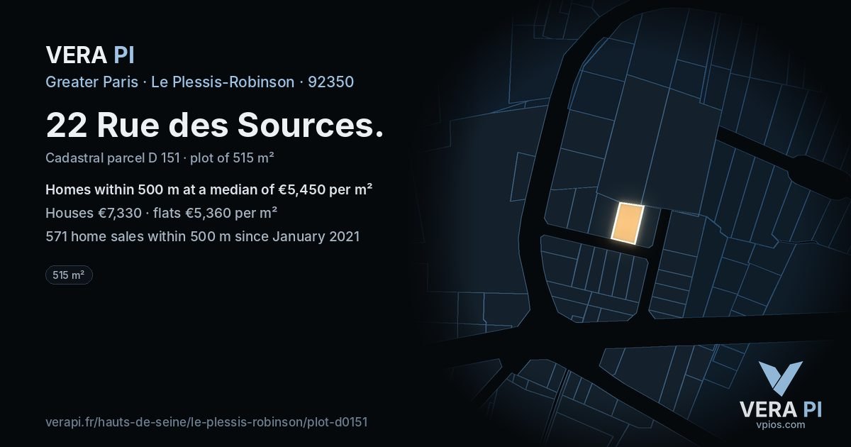 22 Rue des Sources, Le Plessis-Robinson at night – the plot lit, the parcels around coloured by the prices near them