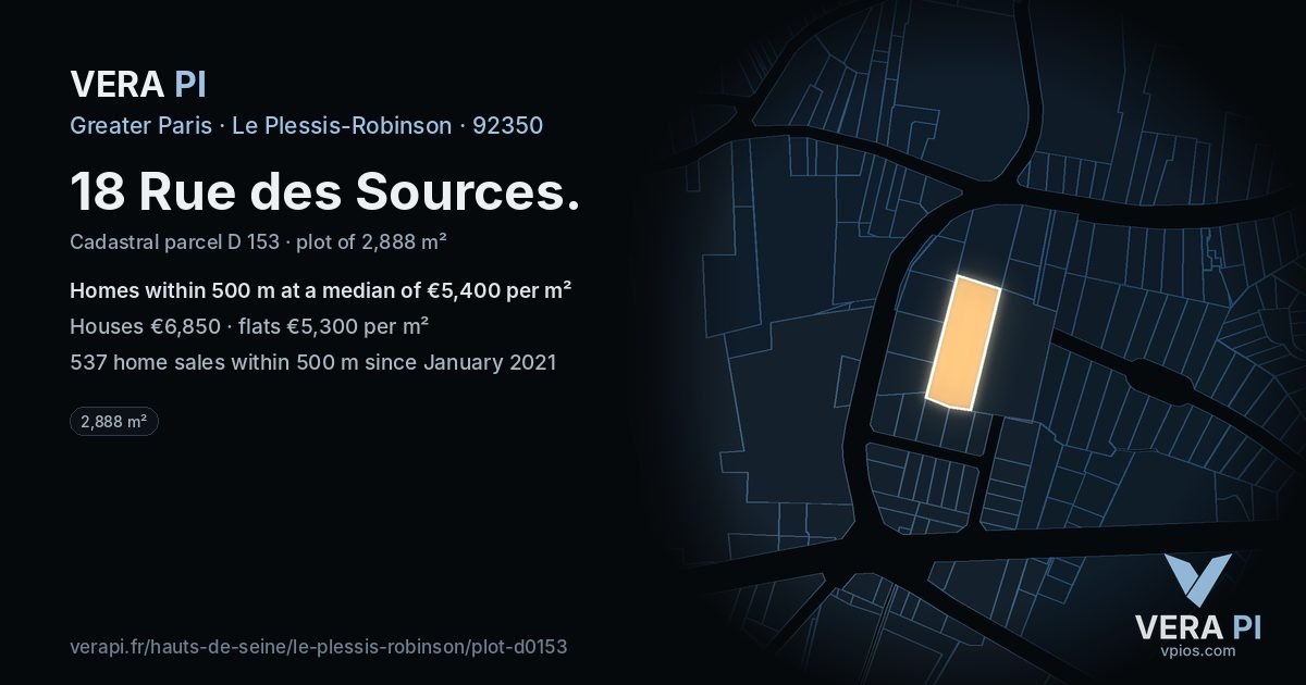 18 Rue des Sources, Le Plessis-Robinson at night – the plot lit, the parcels around coloured by the prices near them