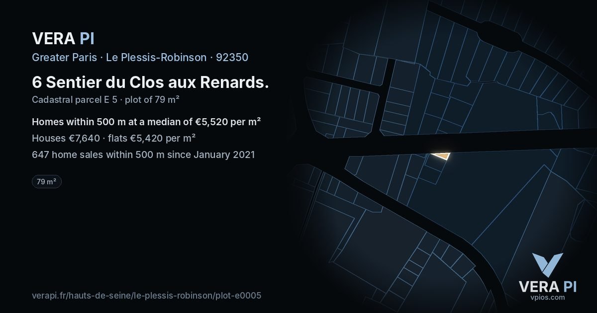 6 Sentier du Clos aux Renards, Le Plessis-Robinson at night – the plot lit, the parcels around coloured by the prices near them