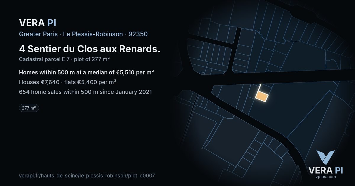 4 Sentier du Clos aux Renards, Le Plessis-Robinson at night – the plot lit, the parcels around coloured by the prices near them