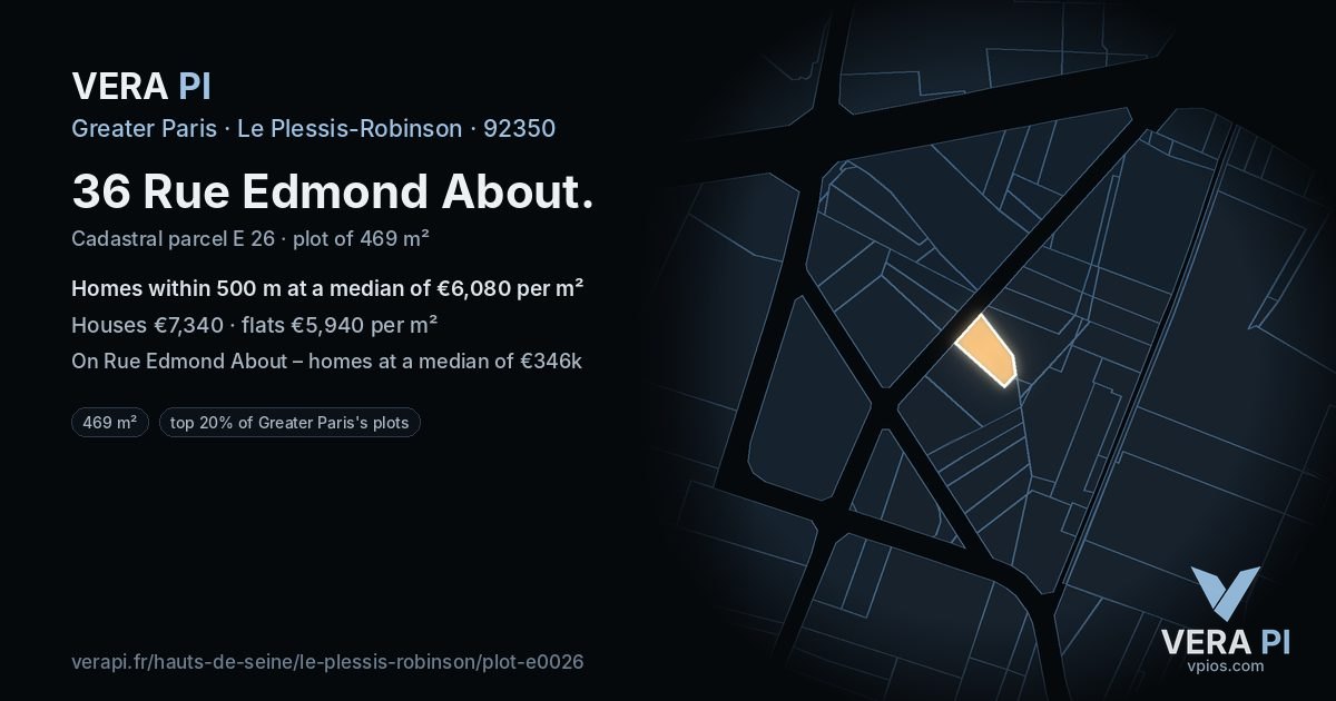 36 Rue Edmond About, Le Plessis-Robinson at night – the plot lit, the parcels around coloured by the prices near them