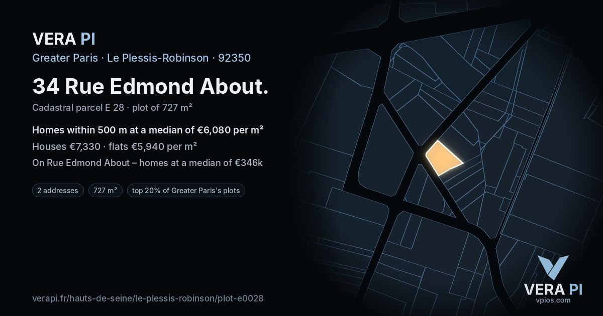 34 Rue Edmond About, Le Plessis-Robinson at night – the plot lit, the parcels around coloured by the prices near them