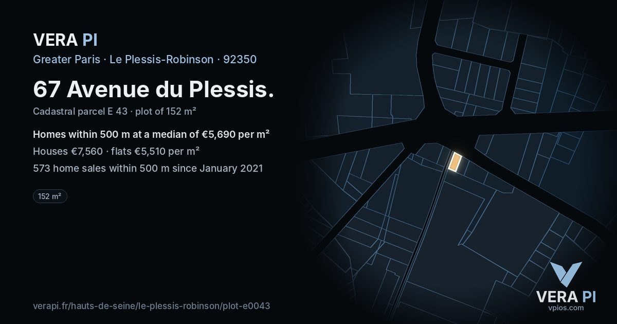 67 Avenue du Plessis, Le Plessis-Robinson at night – the plot lit, the parcels around coloured by the prices near them