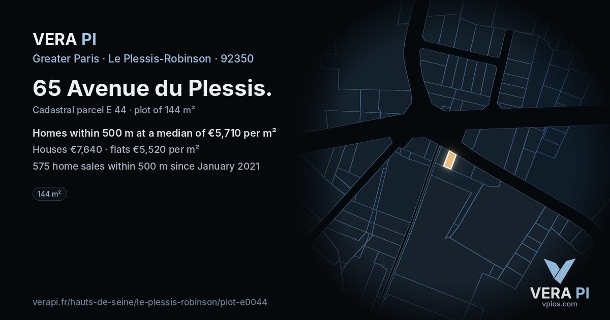65 Avenue du Plessis, Le Plessis-Robinson at night – the plot lit, the parcels around coloured by the prices near them
